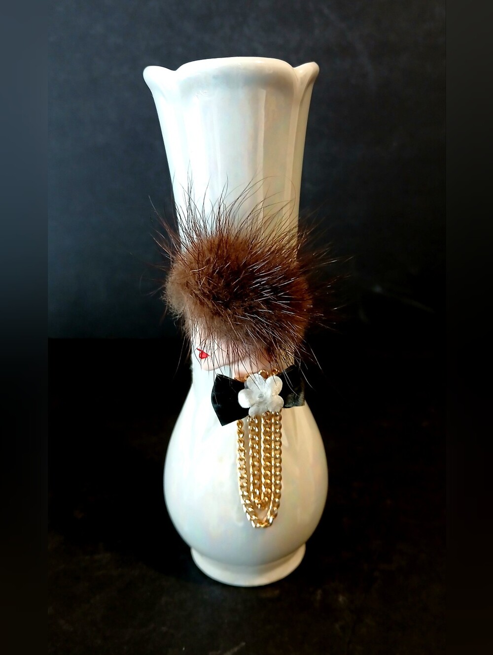 Vintage Ceramic Iridescent White Vase With Woman's Face Fur Hat and Gold Chain